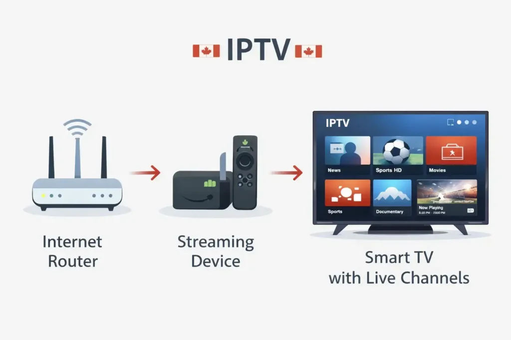 Infographic showing how IPTV works using internet, streaming device, and Smart TV