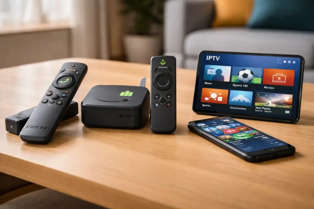 Streaming devices commonly used for IPTV in Canada including Firestick, Android TV, and mobile apps