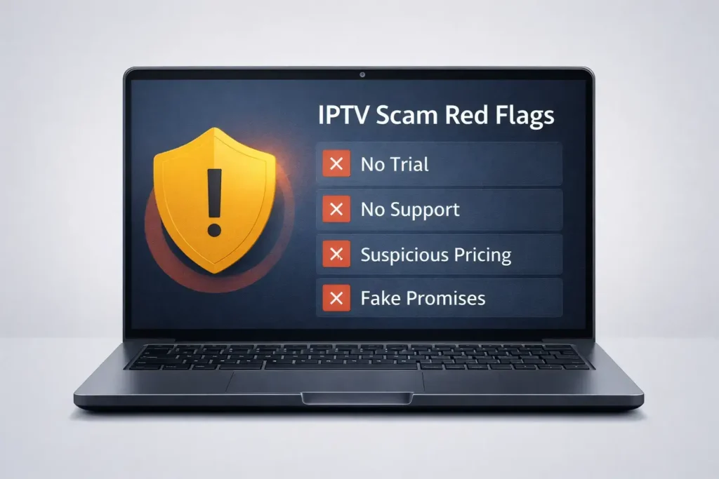 Warning checklist showing IPTV scam red flags and what to avoid in Canada.
