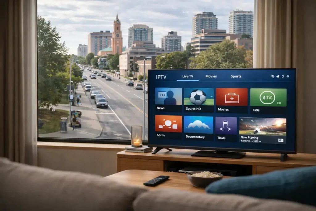 Home IPTV streaming setup in Brampton, Ontario with a local city background