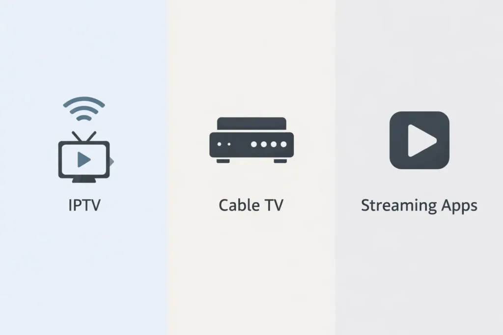 Comparison graphic showing IPTV vs cable TV vs streaming apps for Canadian viewers in 2026
