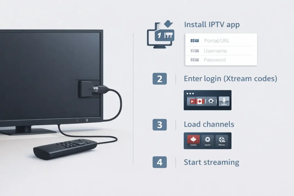 Step-by-step Firestick IPTV setup for Canadian users: install app, enter login, load channels, stream.
