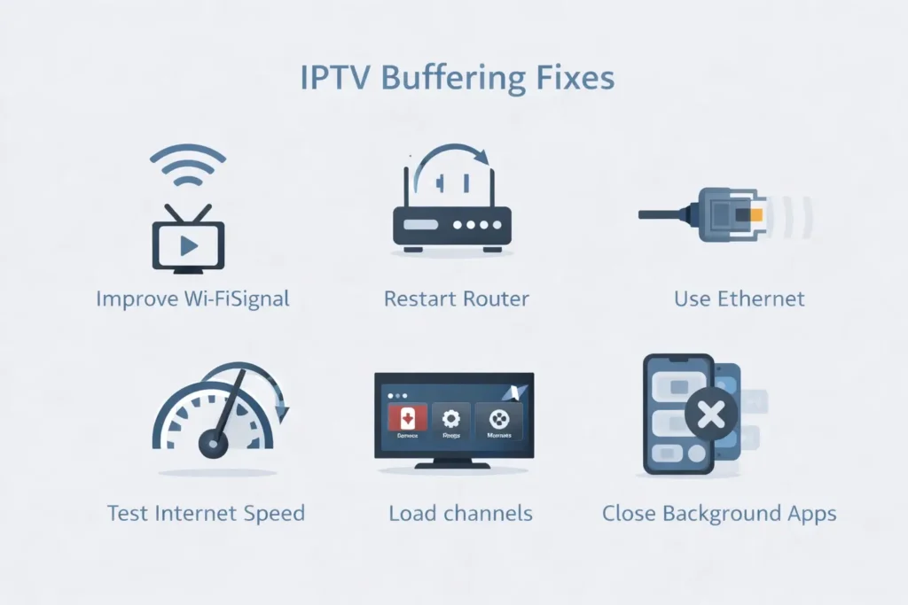 IPTV buffering fixes infographic showing Wi-Fi, router restart, Ethernet, speed test, and streaming settings.